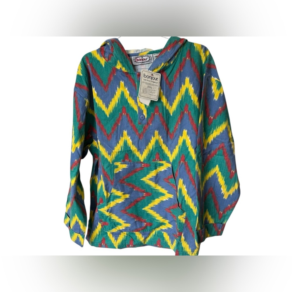 Vintage Bonjour Multicolor Hooded Pullover Medium Button NOS NWT